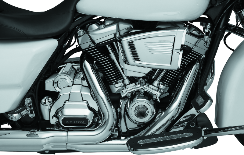 Chrome Kuryakyn Precision Transmission Shroud for Harley-Davidson motorcycles, part #6412, with detailed metallic finish.