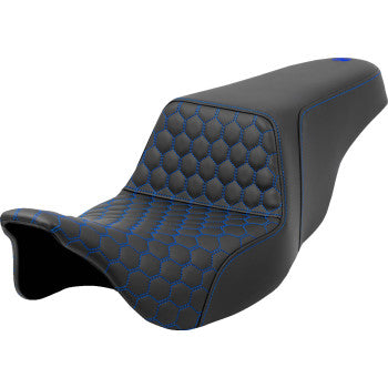 Blue stitch SADDLEMEN Step-Up Seat with lattice pattern for FLH/FLT models 2008-2023, designed for Bill's Exhausts.