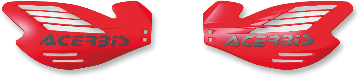 Red Acerbis X-Force handguards for motorcycles, shown mounted on handlebars, with a sturdy body design.