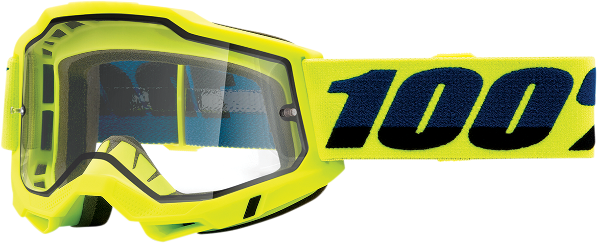 Bill's Exhausts 100% Accuri 2 Enduro Goggles in fluo yellow with clear lenses, designed for off-road riding and protection.