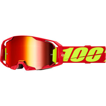 Bill's Exhausts 100% ARmatic goggles with red frame and red mirror lens, designed for motorcycle or sports use.