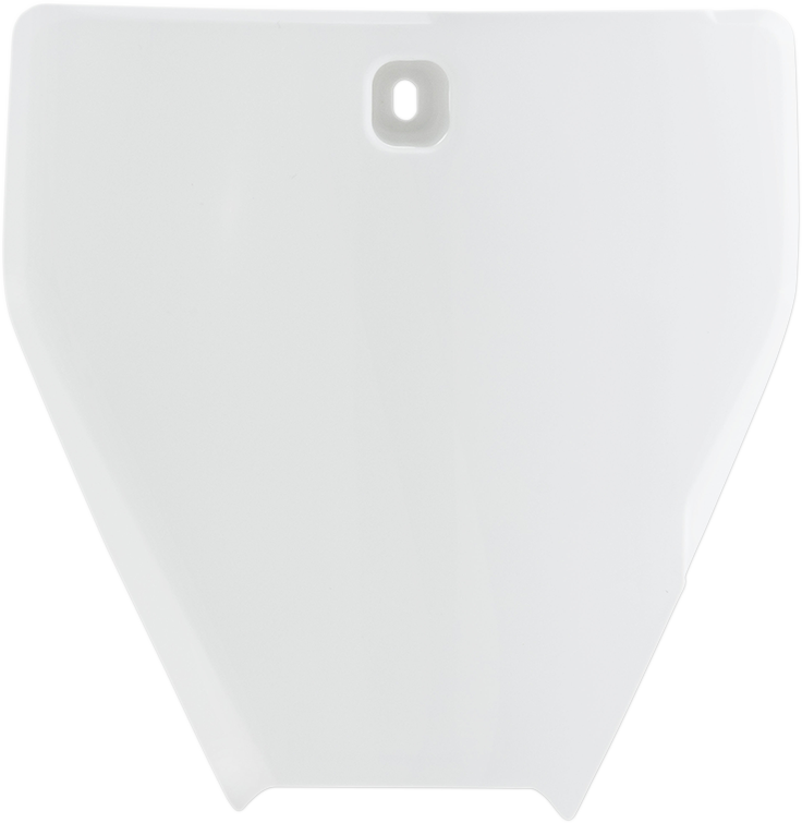 A white Acerbis front number plate mounted on a motorcycle body, featuring the product's design and mounting points.