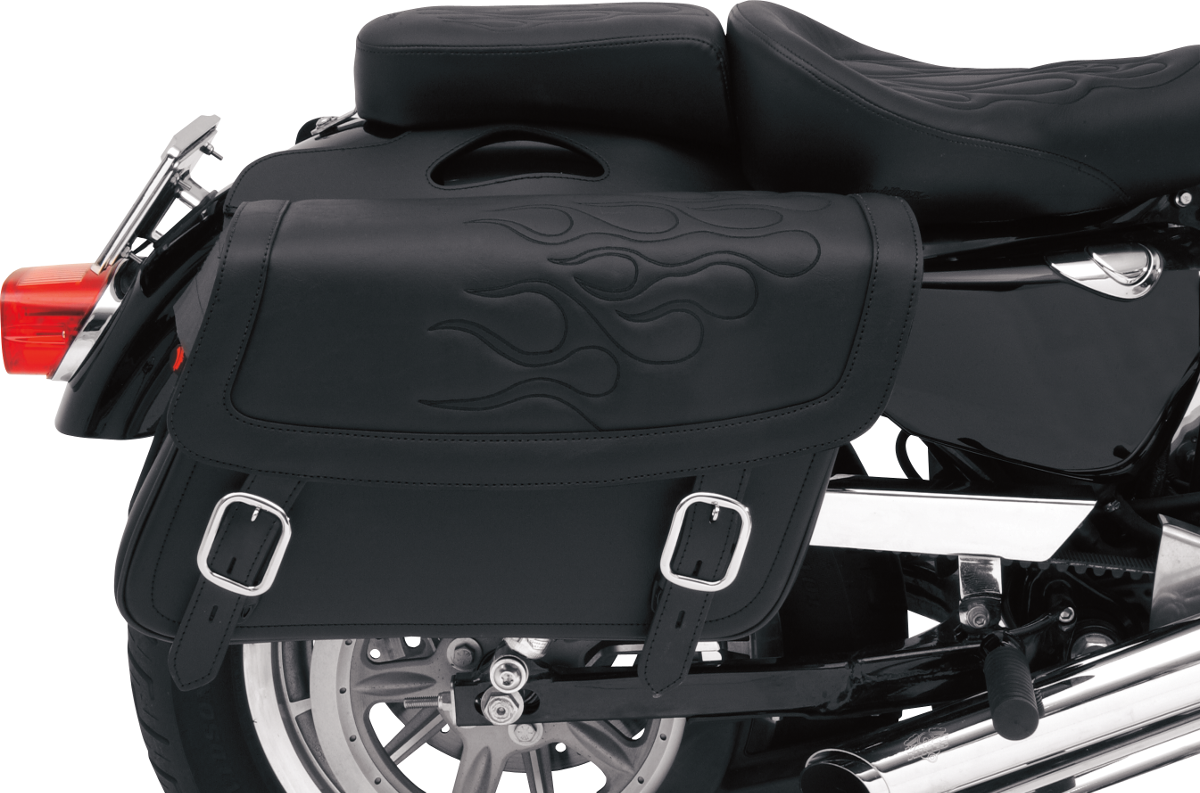 Black Saddlemens Flame Saddlebag mounted on motorcycle seat, medium size, designed for durability and style.