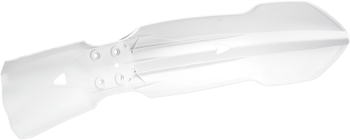 Acerbis white and black front fender for motorcycle, mounted on the bike, showcasing durable plastic body and sleek design.