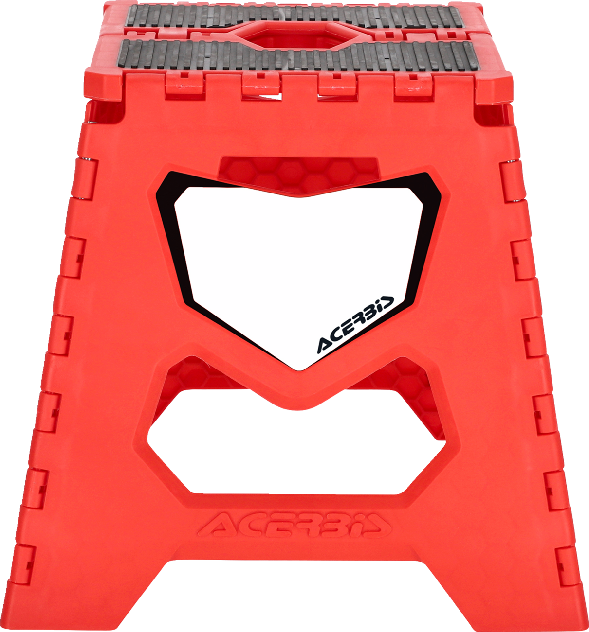 Red and black ACERBIS folding bike stand with body support, designed for secure motorcycle parking.