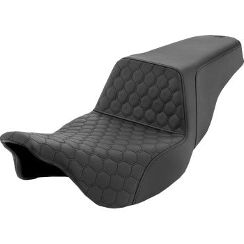 SADDLEMEN Step-Up Seat for Harley FL models 2008-2023, black honeycomb design with black stitching, motorcycle seat by Bill's Exhausts