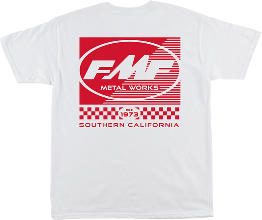 FMF Metal Works Supply white large T-shirt, casual crewneck with printed logo, made from soft cotton fabric.