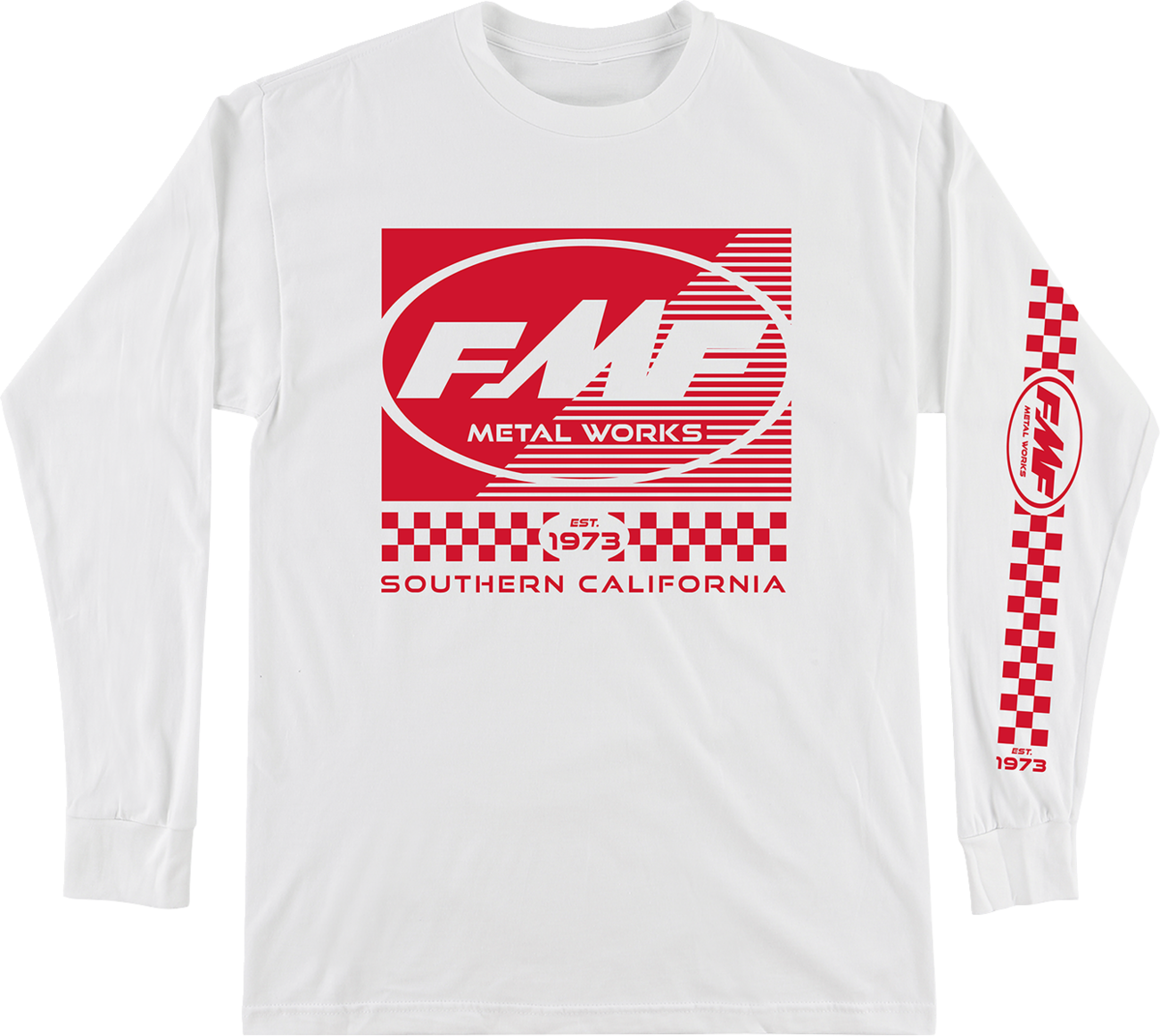 White FMF Metal Works long-sleeve T-shirt in medium size, featuring the FMF logo and graphic design on the front.