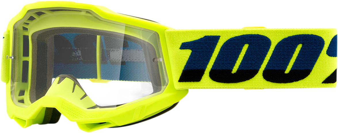 Bill's Exhausts 100% Youth Accuri 2 goggles in fluo yellow with clear lenses, designed for sporty protection and vibrant style.