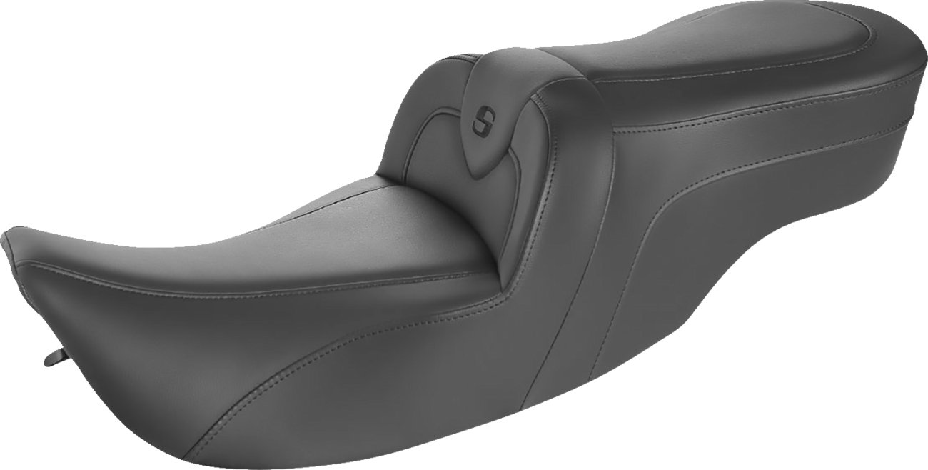 Bill's Exhausts SADDLEMEN RoadSofa motorcycle seat in black with black stitching, without backrest, shown from a side angle.