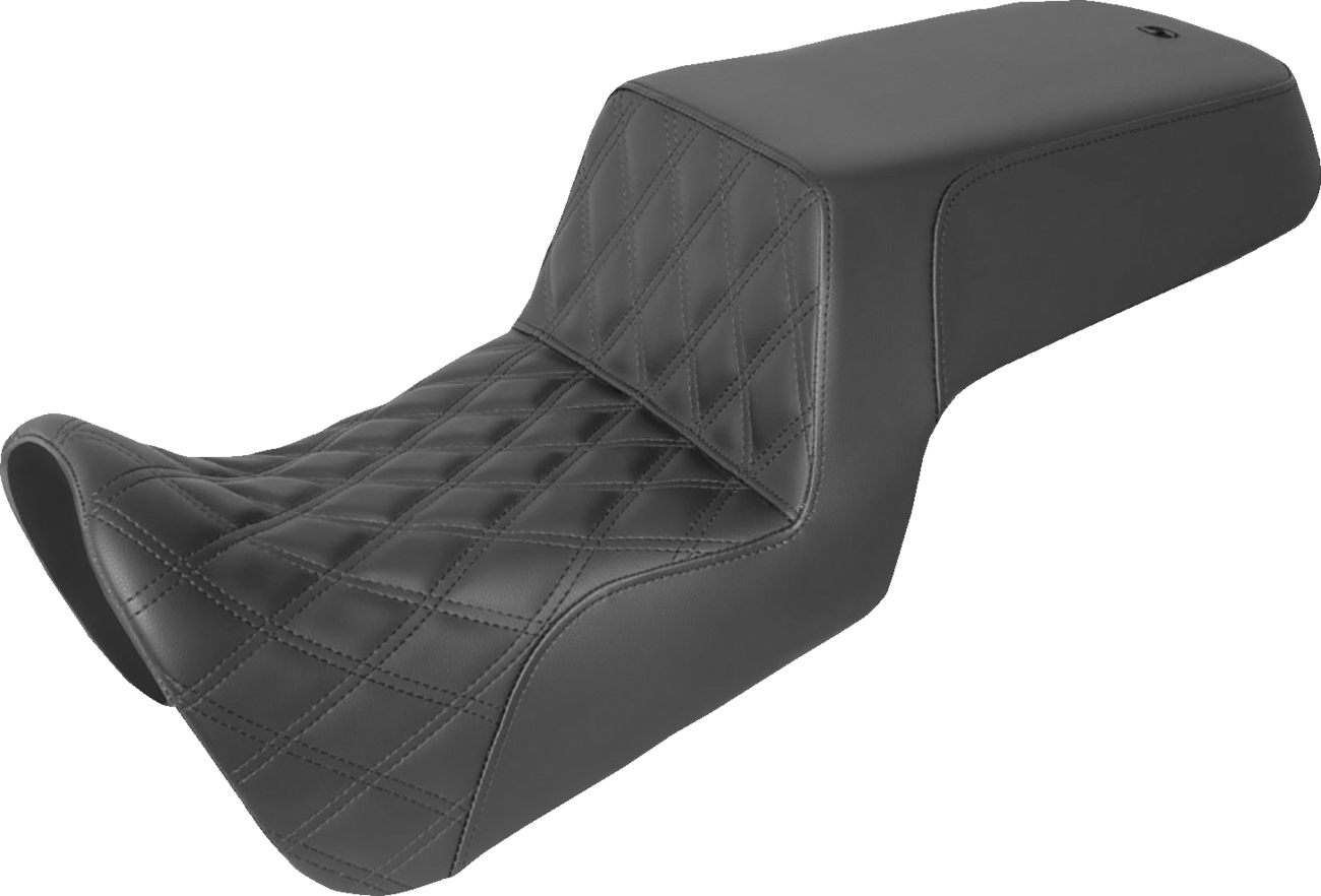 Black Saddlemens Step Up Seat for motorcycles, front lattice stitch and rear smooth design, suitable for Bill's Exhausts bikes.
