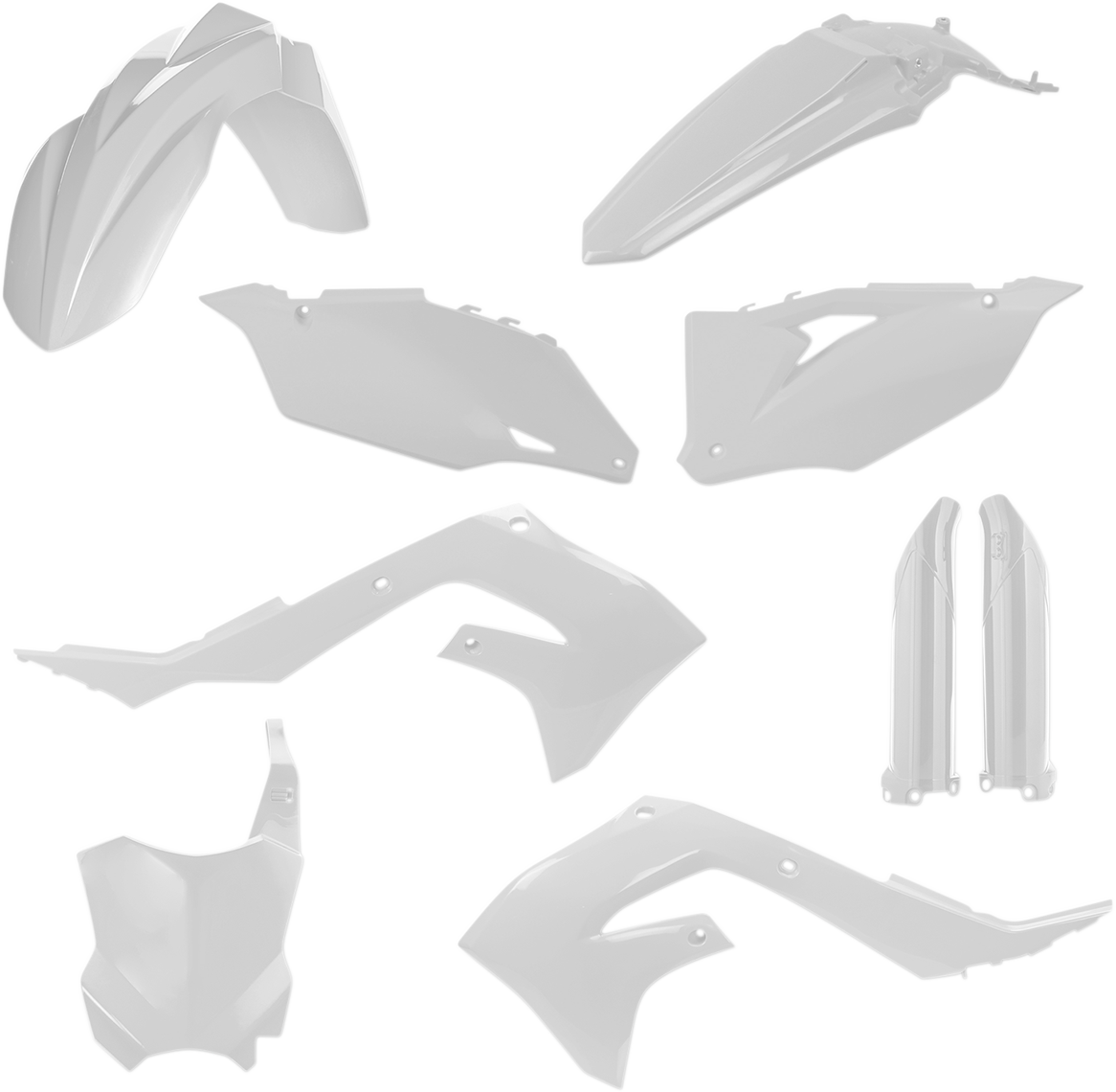 A white Acerbis full replacement body kit for motorcycles, featuring sleek, aerodynamic panels and a complete body assembly.