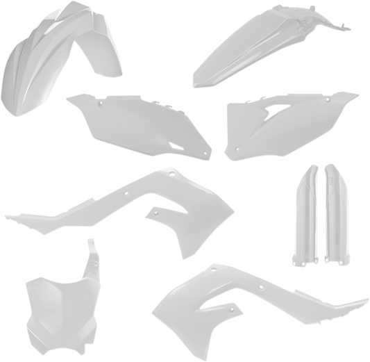 A white Acerbis full replacement body kit for motorcycles, featuring sleek, aerodynamic panels and a complete body assembly.