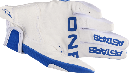 Alpinestars Youth Radar Gloves in UCLA Blue and White, medium size, featuring protective knuckles and durable fabric for motorcycle riding.