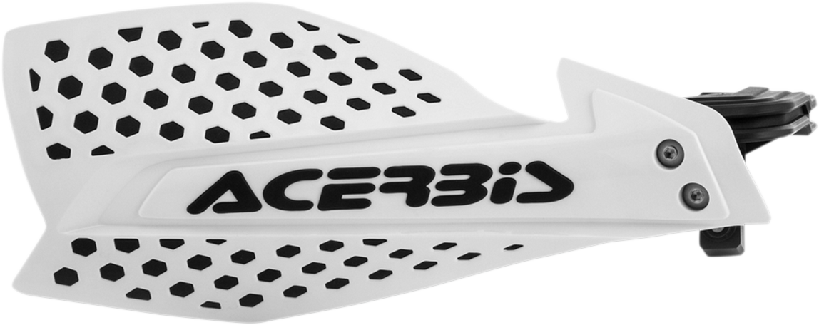 Acerbis X-Ultimate motorcycle handguards in white and black with mounting hardware, designed for durable rider protection.
