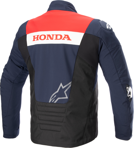 Alpinestars Honda SMX waterproof motorcycle jacket in blue, black, and red, medium size, with protective features and reflective details.