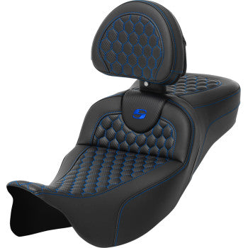 SADDLEMEN RoadSofa™ motorcycle seat in honeycomb blue stitch with backrest, extended reach for FLH/FLT models 2008-2023