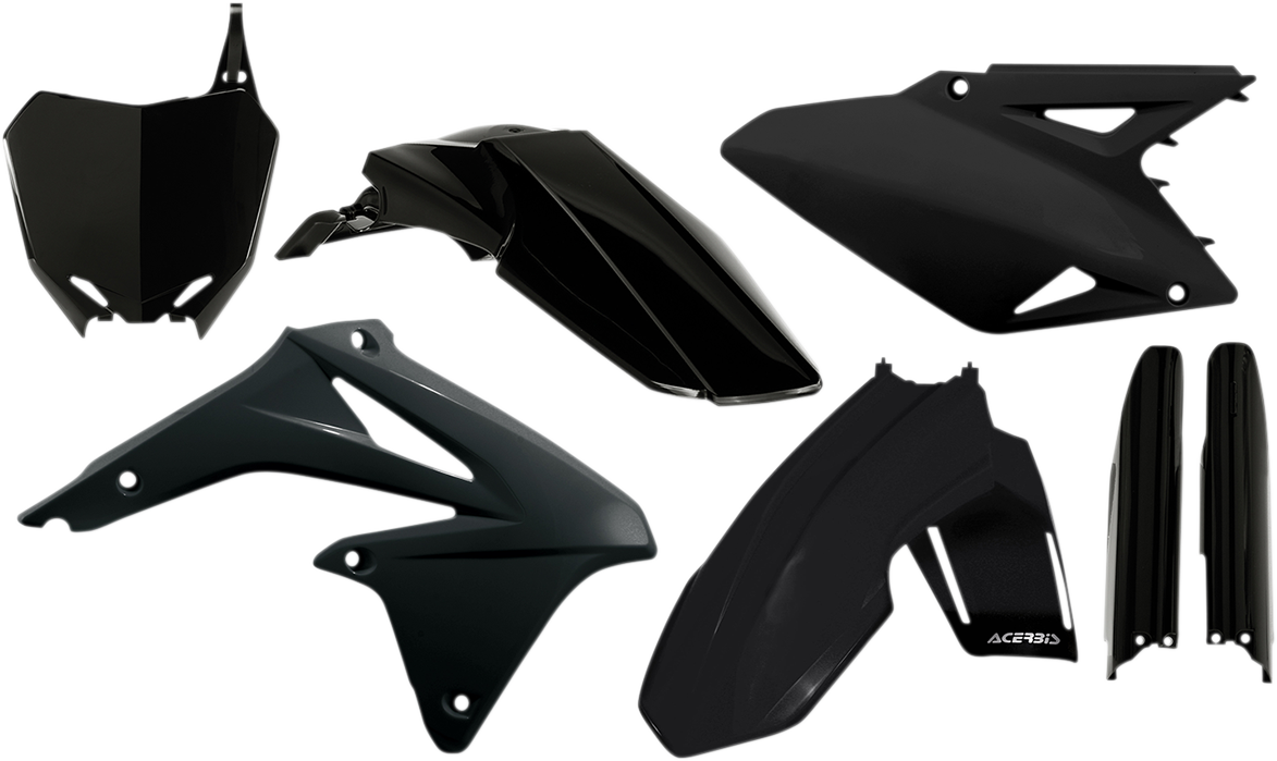 A black Acerbis full replacement body kit for motorcycles, featuring streamlined panels and durable construction.