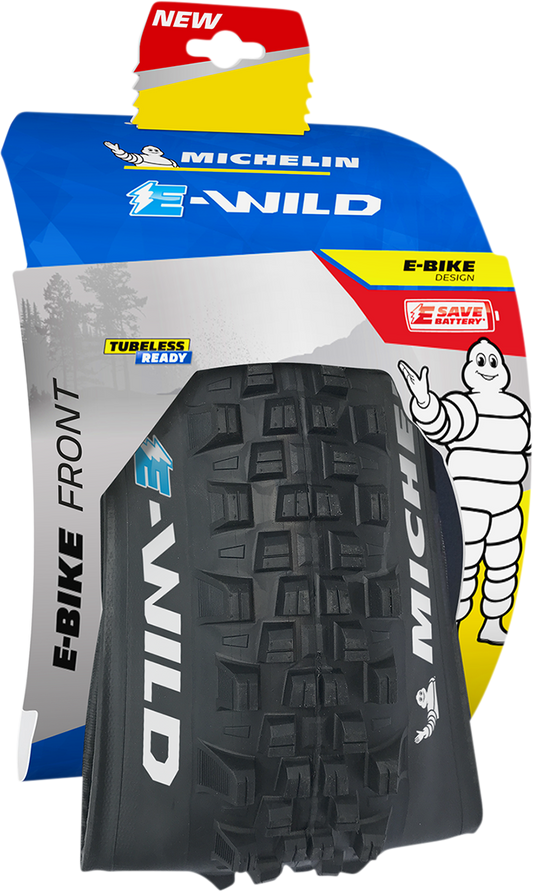 Michelin E-Wild tire for e-bikes, 29 x 2.60, front view showing tread pattern and sidewall branding.