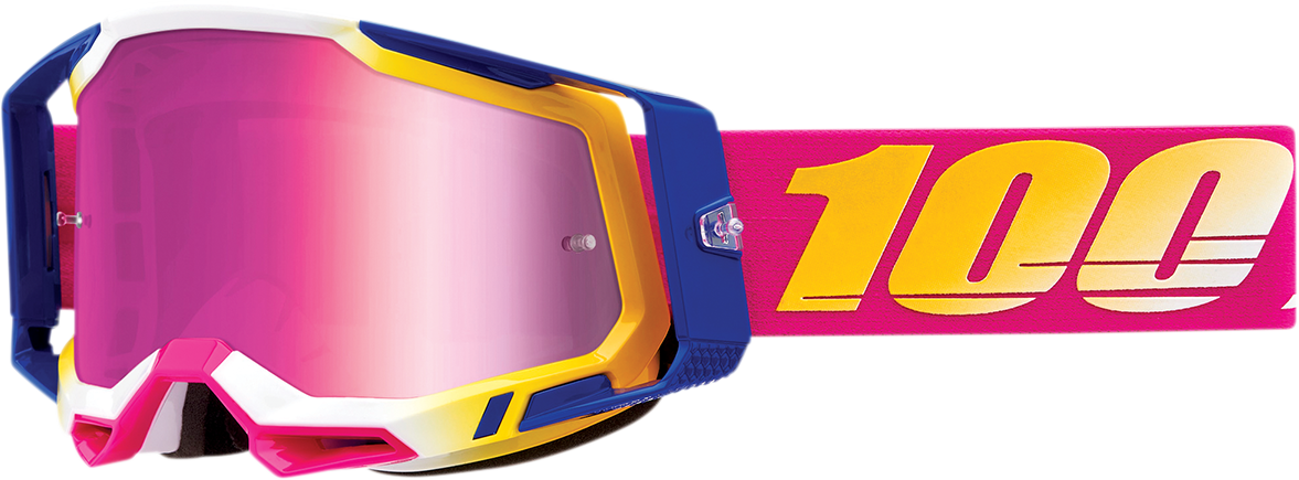 Bill's Exhausts 100% Racecraft 2 Goggles with pink mirror lenses, designed for motocross and off-road riding.
