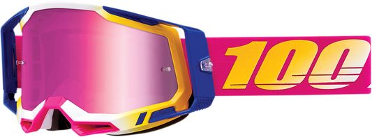 Bill's Exhausts 100% Racecraft 2 Goggles with pink mirror lenses, designed for motocross and off-road riding.