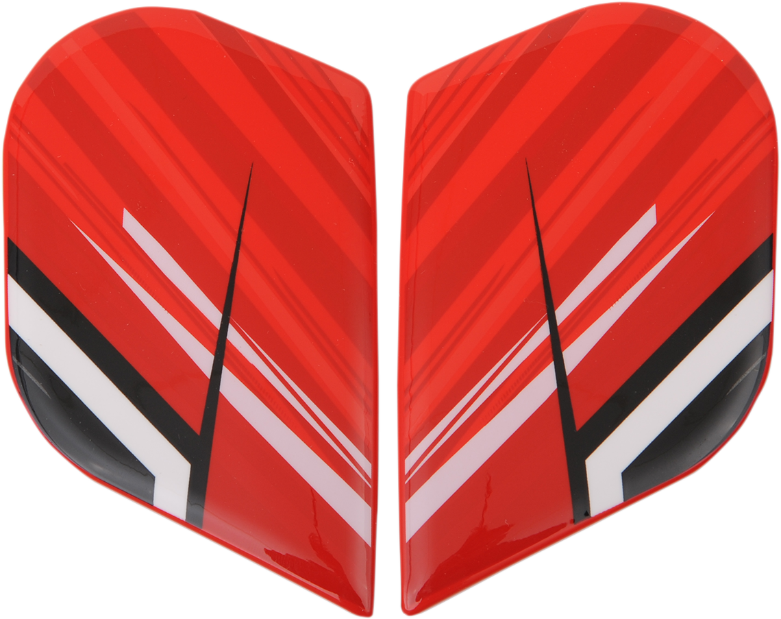 Red ICON Alliance™ Overlord helmet side plates with Bill's Exhausts branding, designed for helmet customization and protection.