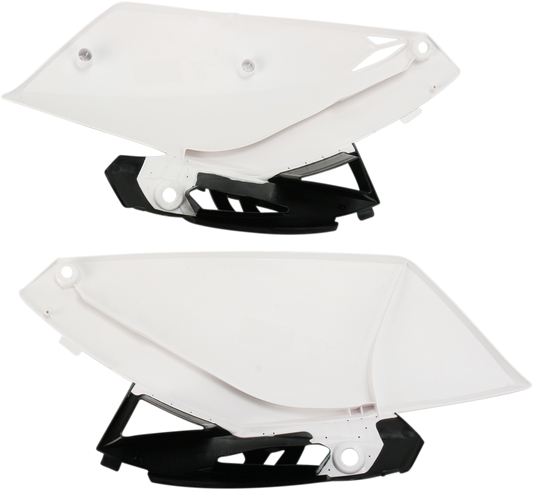 Acerbis white and black side panels for motorcycle body, designed for durability and style, shown in the image.