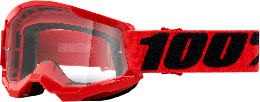 Bill's Exhausts 100% Youth Strata 2 goggles in red with clear lenses, designed for youth sports and outdoor activities.