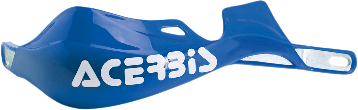 Acerbis Rally Pro blue handguards mounted on motorcycle handlebars, providing protection for rider's hands during off-road riding.