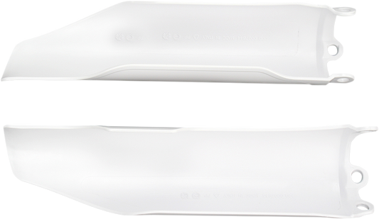 Acerbis white lower fork covers for motorcycles, showing the body of the fork covers with branding details.