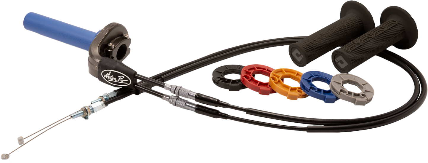 Motion Pro Rev3 throttle kit for off-road motorcycles, showing the black throttle grip and cable assembly in detail.