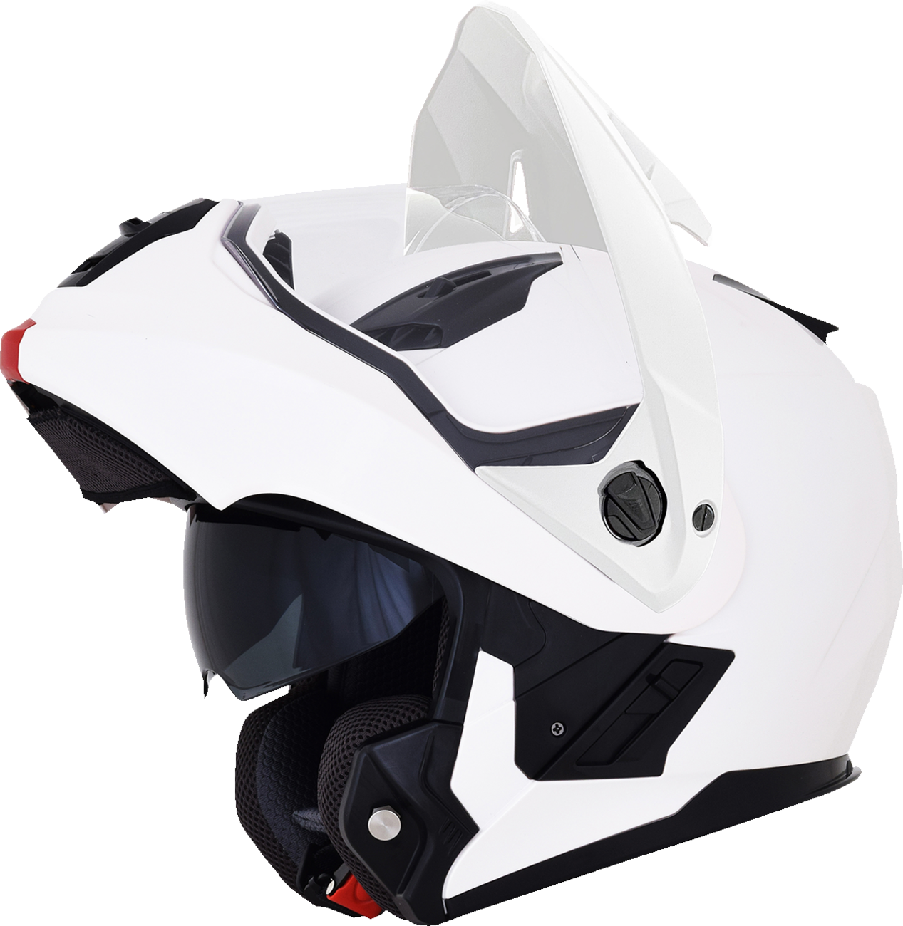 White AFX FX-111DS motorcycle helmet in XL size with clear visor and aerodynamic design, featuring black and red accents.