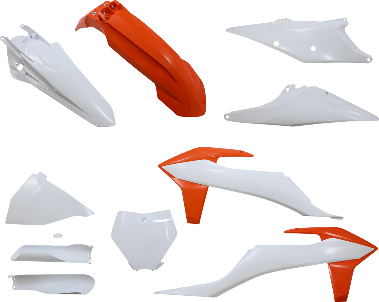 Acerbis full replacement body kit in OEM white and orange, designed for motorcycle body panels and fairings.