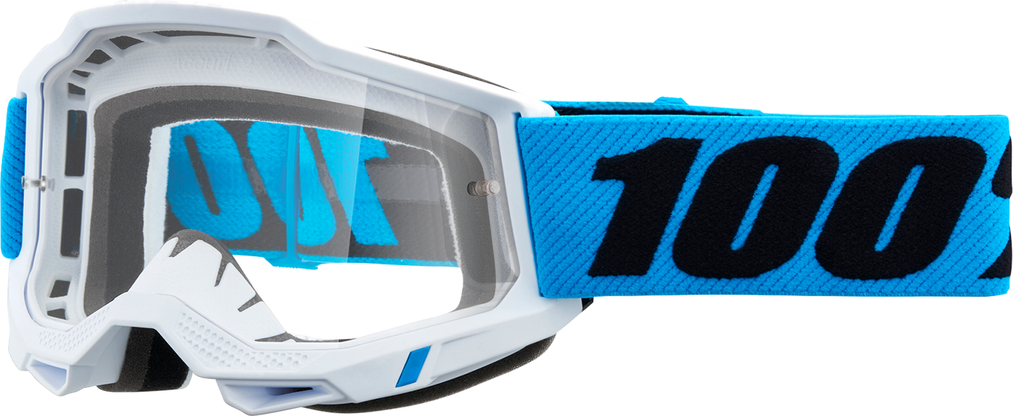 Bill's Exhausts 100% Accuri 2 Goggles in clear lens, featuring a lightweight frame and adjustable strap for comfortable eye protection.