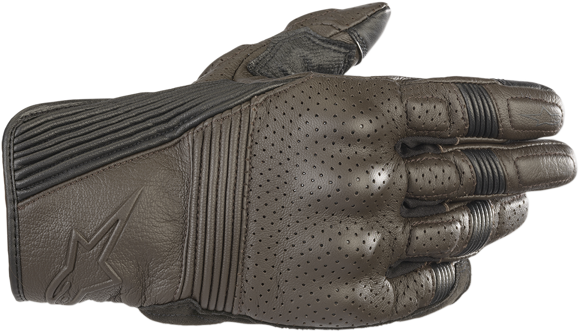 Alpinestars Mustang V2 motorcycle gloves in tobacco brown and black, size 2XL, featuring protective armor and leather construction.