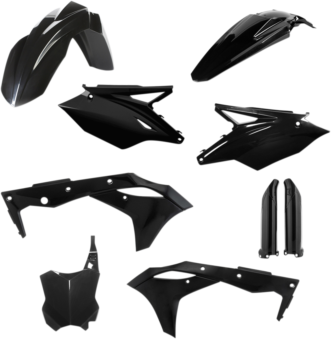 Acerbis black full replacement body kit for motorcycles, showcasing sleek, durable body panels designed for installation.