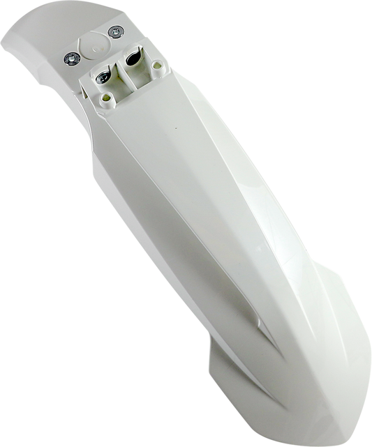 White Acerbis front fender for motorcycles, body part with mounting details, designed for durability and style.