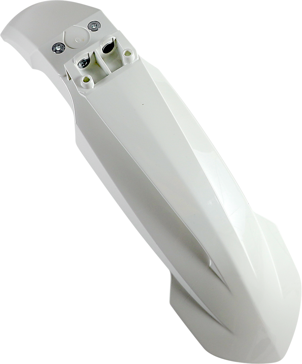 White Acerbis front fender for motorcycles, body part with mounting details, designed for durability and style.