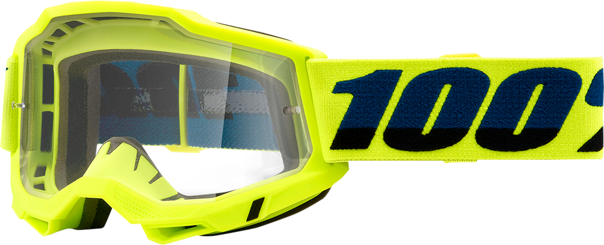 Bill's Exhausts 100% Accuri 2 OTG Goggles in fluo yellow with clear lenses, designed for motocross and off-road riding.