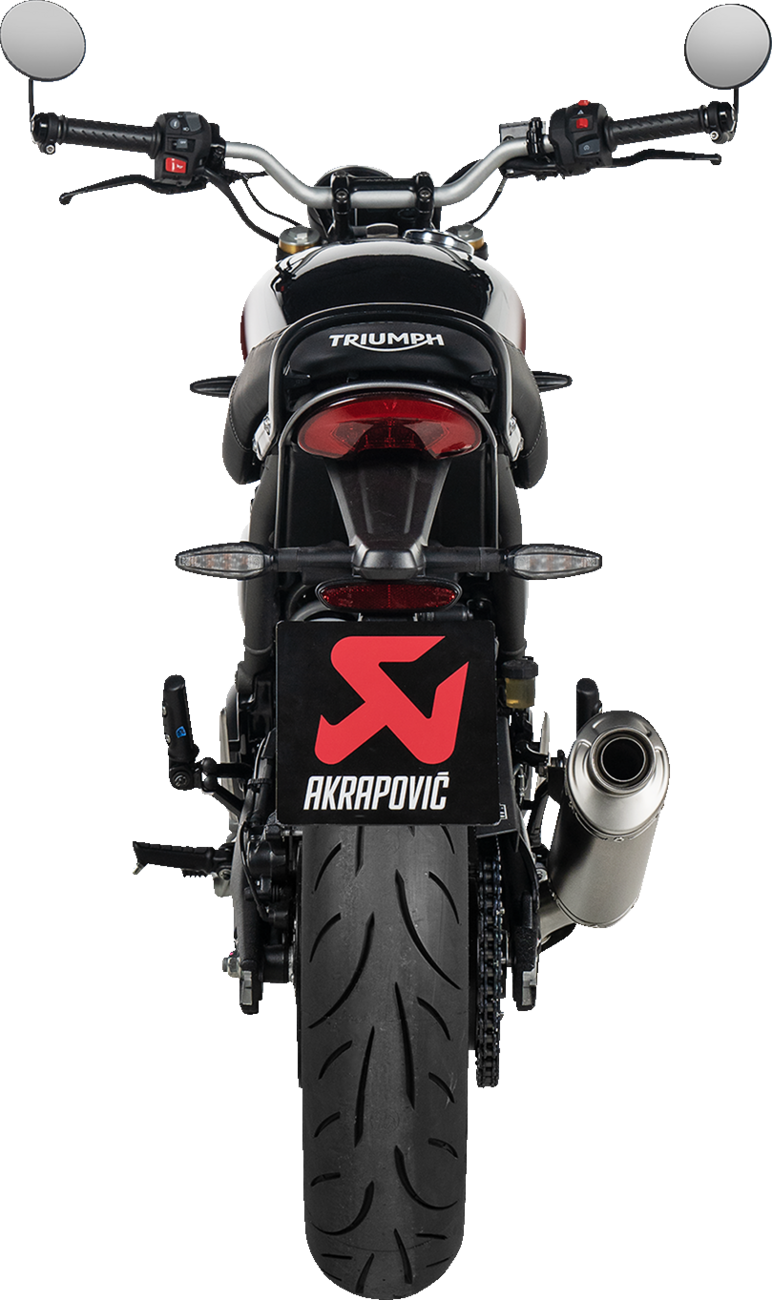 AKRAPOVIC Slip-On Line muffler for Speed and Scrambler 400 motorcycle, with polished metal finish and branding details.