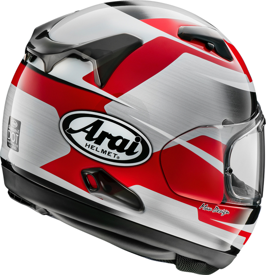 Red ARAI HELMETS Quantum-X Steel helmet in extra large size, featuring a sleek design and secure fit.