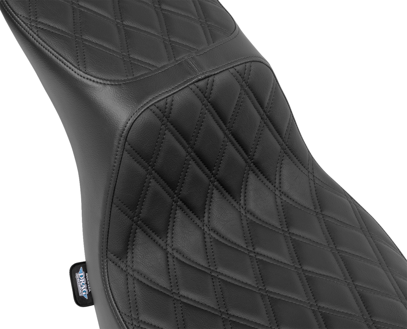 Drag Specialties Predator 2-up seat with vinyl cover for FLSB/FXLRS 2018-2024 motorcycle, shown from side angle.