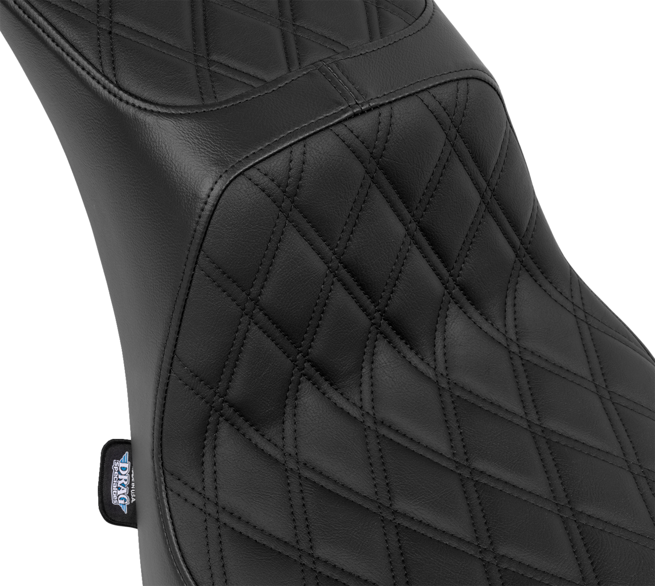 Black vinyl Drag Specialties Performance Predator 2-up seat for Harley FL 2000-2017 with double diamond stitching.