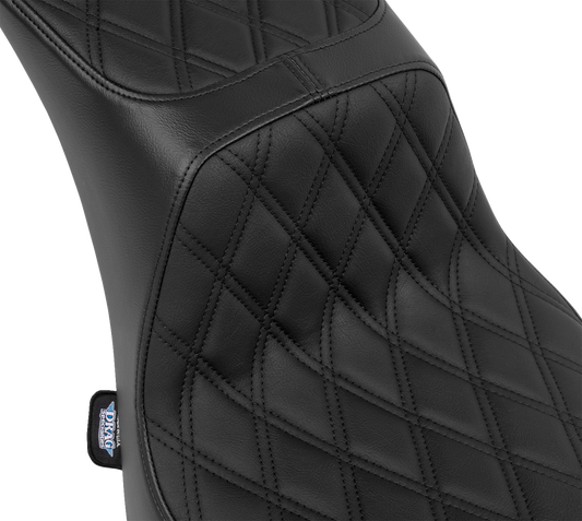 Black vinyl Drag Specialties Performance Predator 2-up seat for Harley FL 2000-2017 with double diamond stitching.