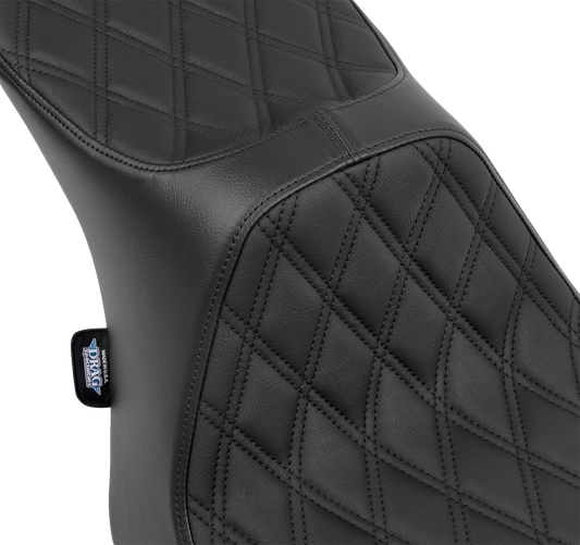 Black vinyl Predator III 2-up seat for FLT/FLH motorcycles with double diamond stitching by Drag Specialties Seats.
