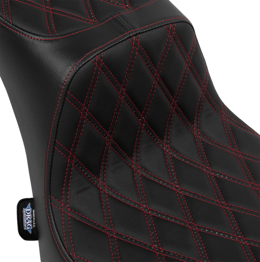 Performance Predator 2-up motorcycle seat by Drag Specialties with red thread and double diamond vinyl for FL models 2000-2017.