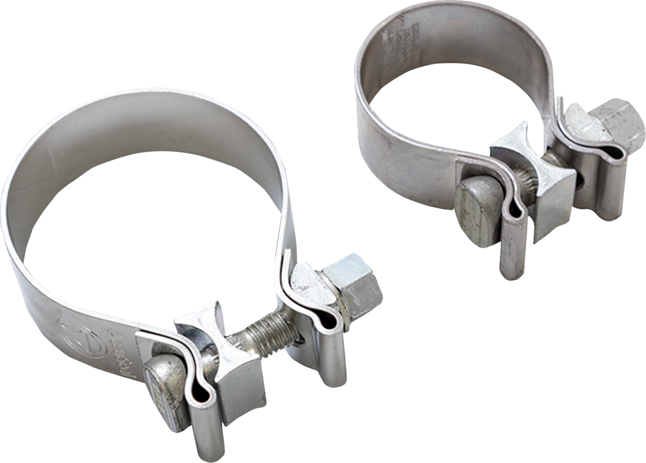 VANCE & HINES slip-on muffler clamps M8 for touring exhausts, made of corrosion-resistant stainless steel, shown on motorcycle exhausts.