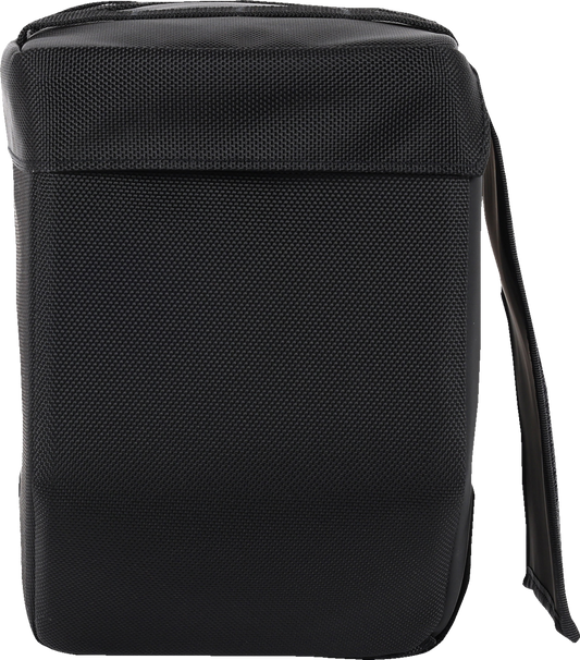 THRASHIN SUPPLY CO. 10-liter motorcycle saddlebags in black, durable leather with metal buckles, mounted on a motorcycle for touring.