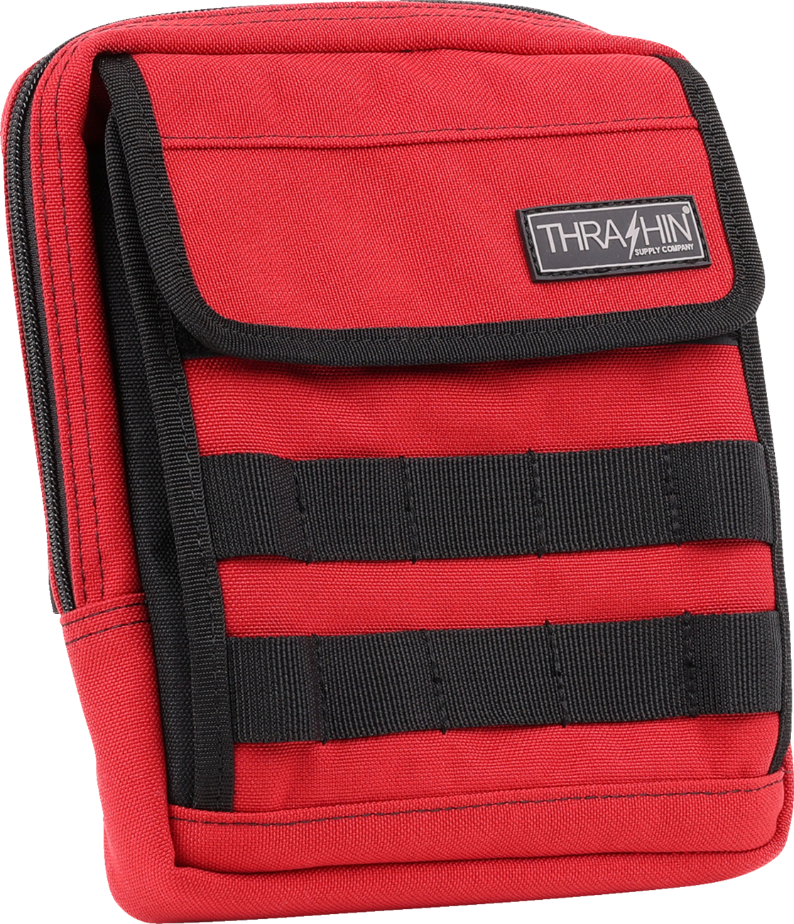 Red THRASHIN SUPPLY CO. Handlebar Bag Slim attached to a bicycle handlebar, showcasing its compact design and vibrant color.