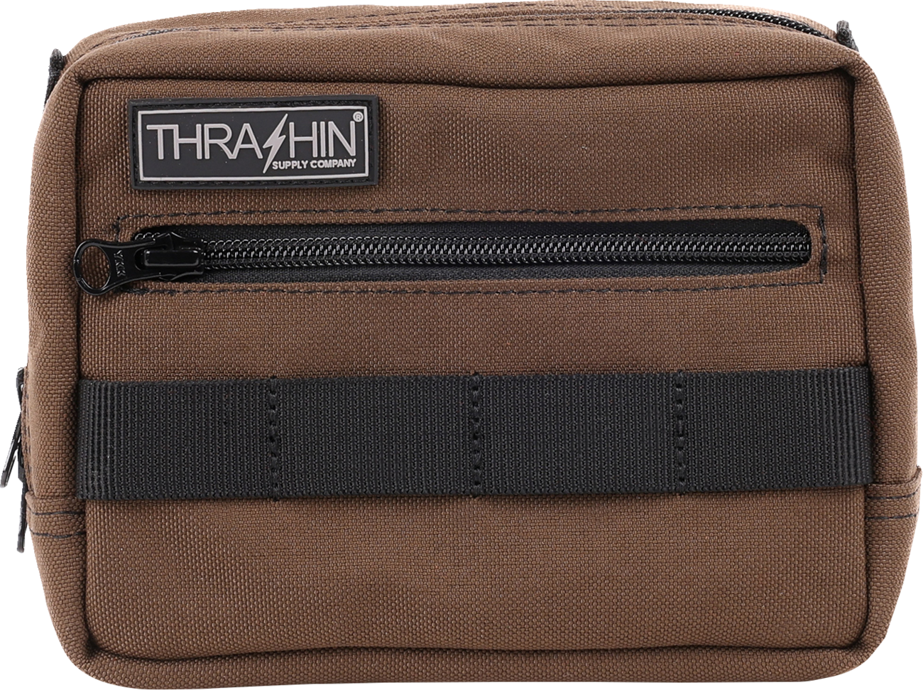 Brown THRASHIN SUPPLY CO. handlebar bag with MOLLE webbing and multiple attachment points for bicycles.